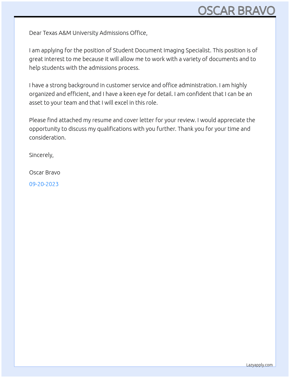  Student Document Imaging Specialist At Texas A&M University Cover Letter