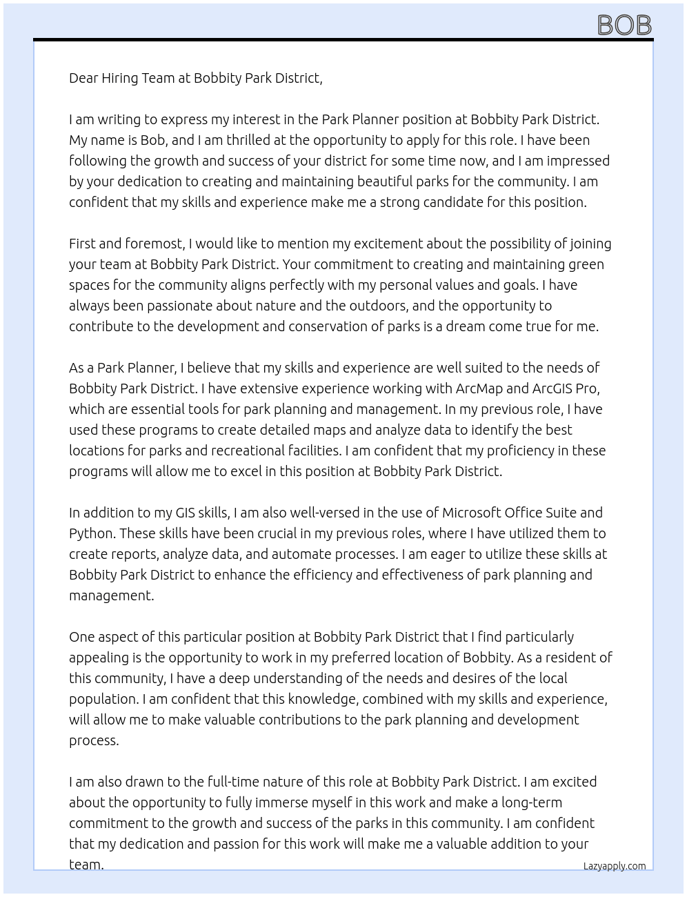 Park Planner At Bobbity Park District Cover Letter