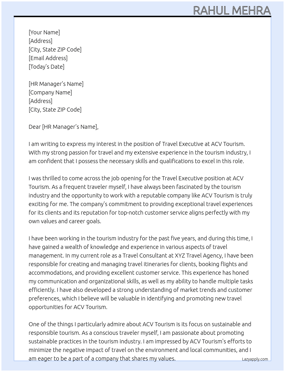 Travel executive  At Acv tourism  Cover Letter