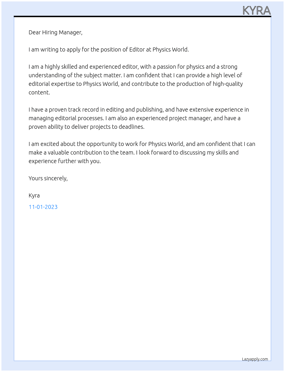 Editor At Physics World Cover Letter