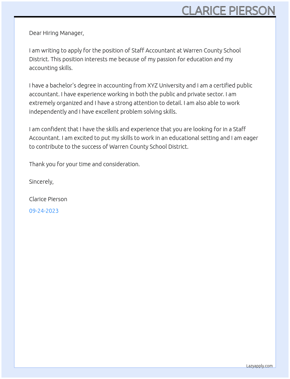 Staff Accountant At Warren County School District Cover Letter
