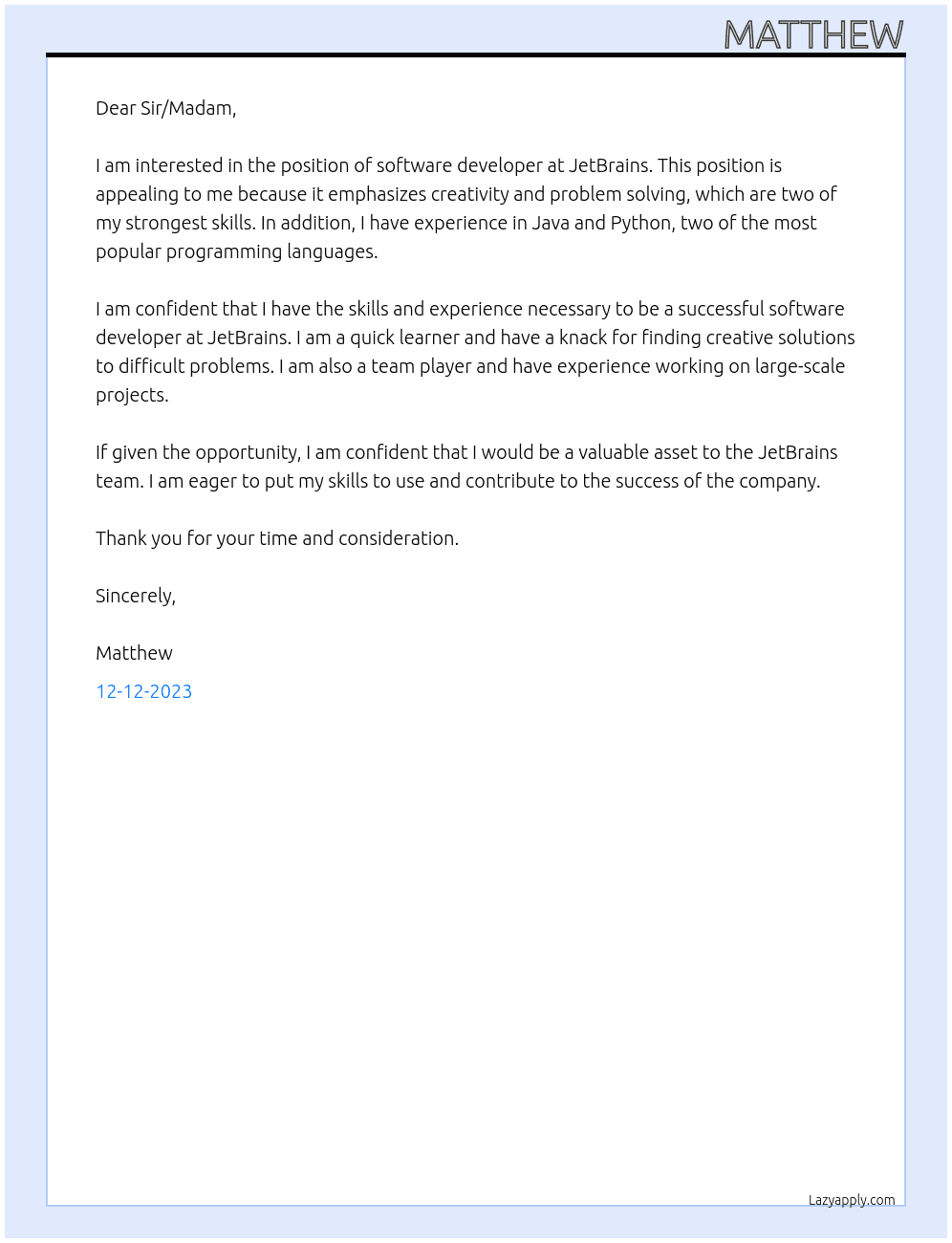 Software Developer At JetBrains Cover Letter