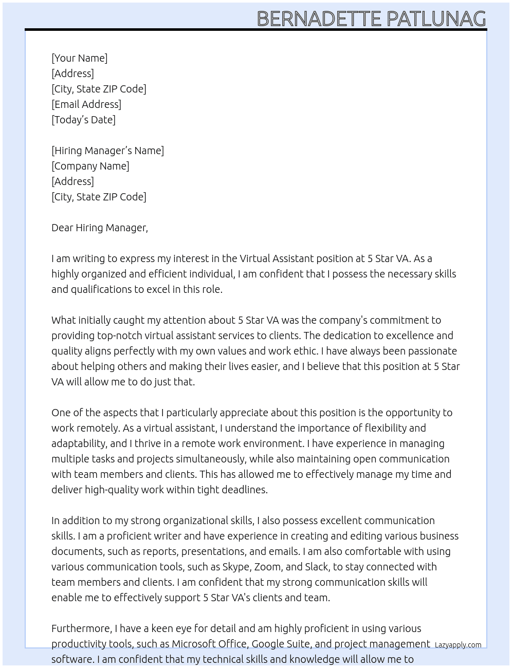 virtual assistant At 5 star VA Cover Letter