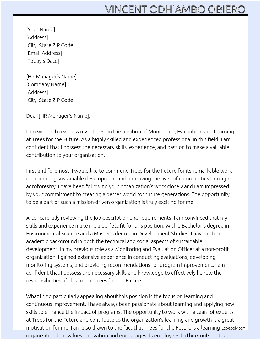 Monitoring, evaluation and learning  At Trees for the future  Cover Letter