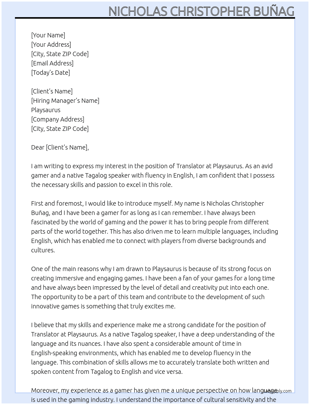 translator At Playsaurus Cover Letter