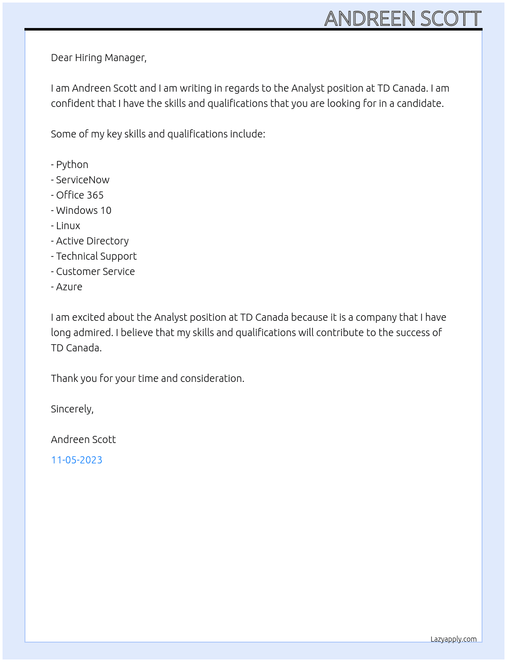 Analyst At TD Canada Cover Letter
