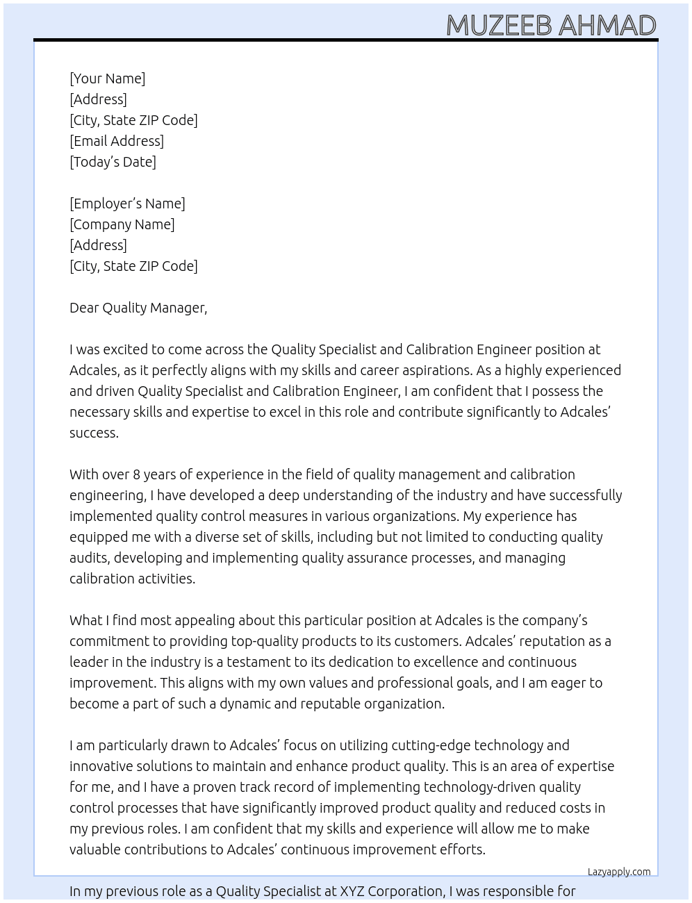 Quality Specialist and Calibration Engineer  At Adcales Cover Letter