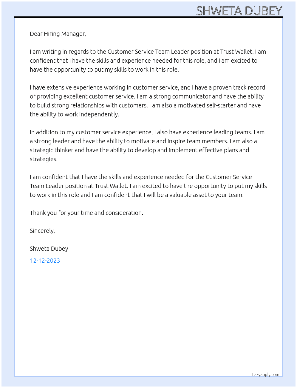 Customer Service Team Leader At Trust Wallet Cover Letter