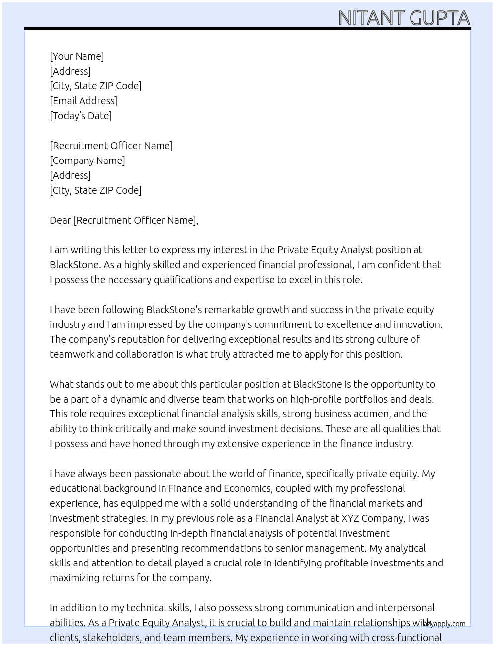 Private Equity Analyst At BlackStone Cover Letter