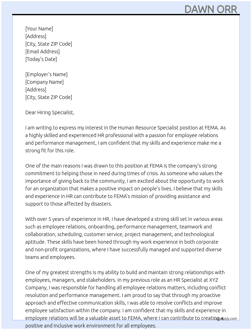 Human Resource Specialist At FEMA Cover Letter