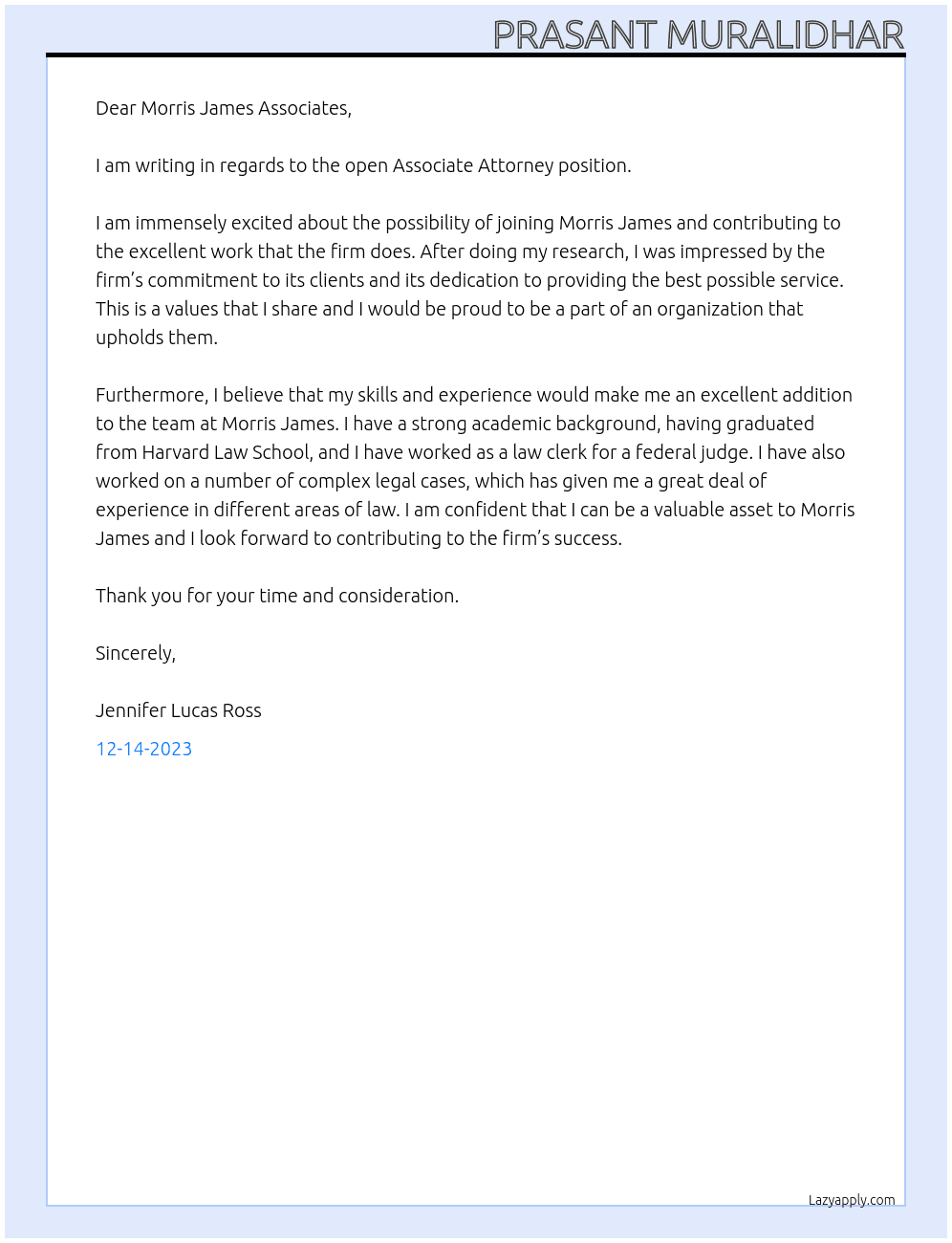 Associate Attorney At Morris James Cover Letter