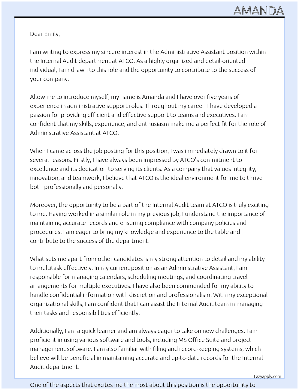 Administrative Assistant, Internal Audit At ATCO Cover Letter