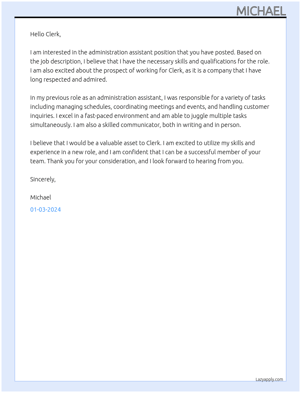 Administration assistant  At Clerk Cover Letter