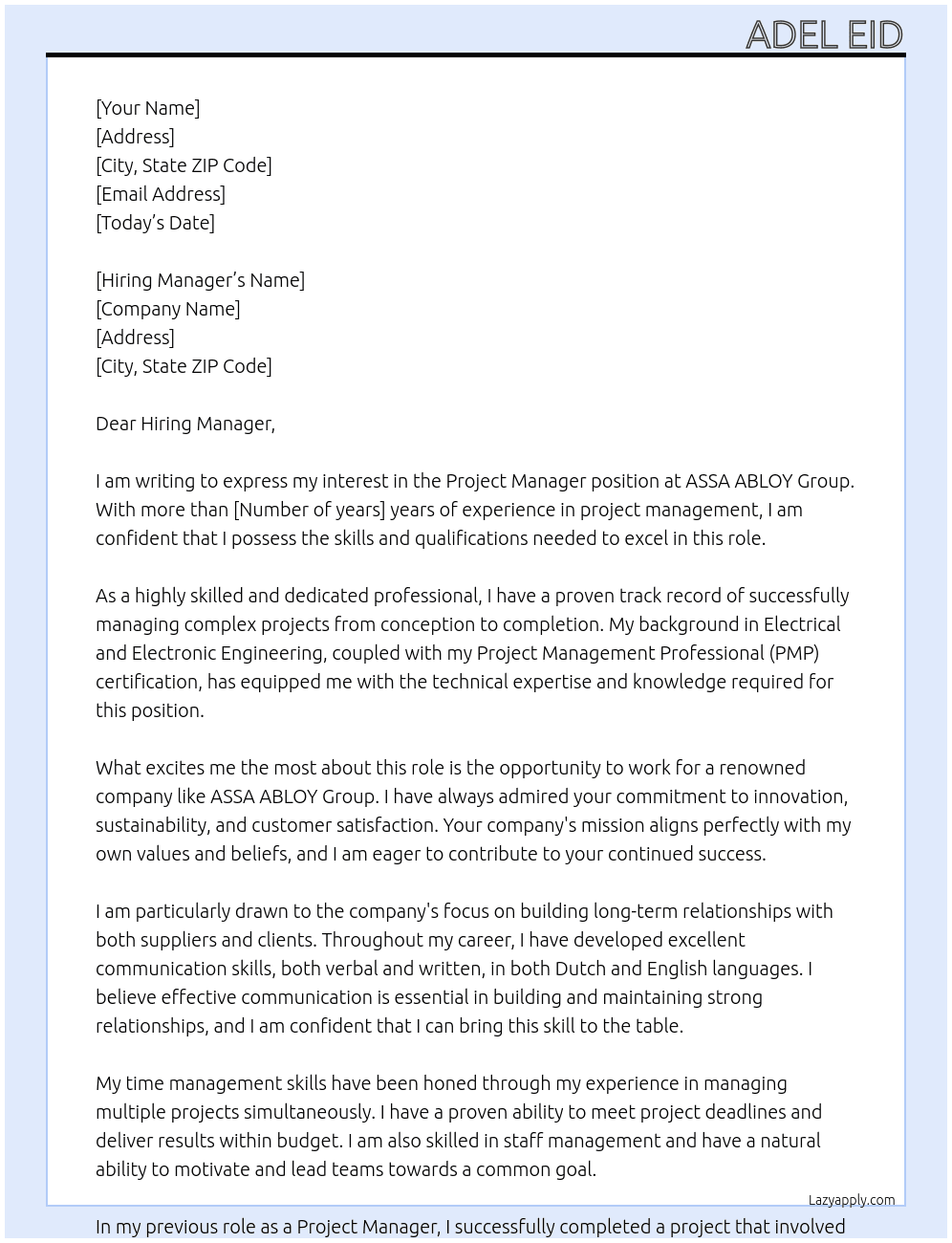 Project Manager At ASSA ABLOY Group Cover Letter