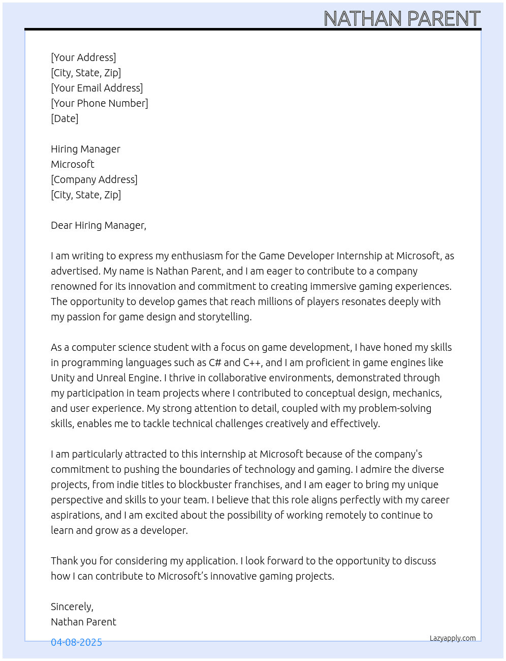 Cover letter for game developer - LazyApply
