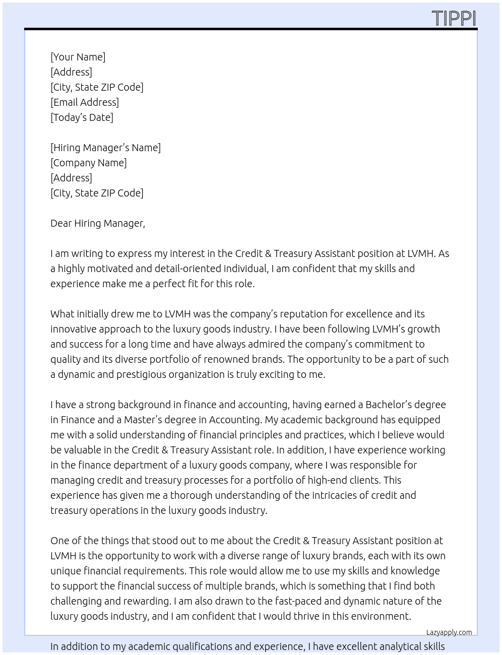 credit & treasury assistant At LVMH Cover Letter