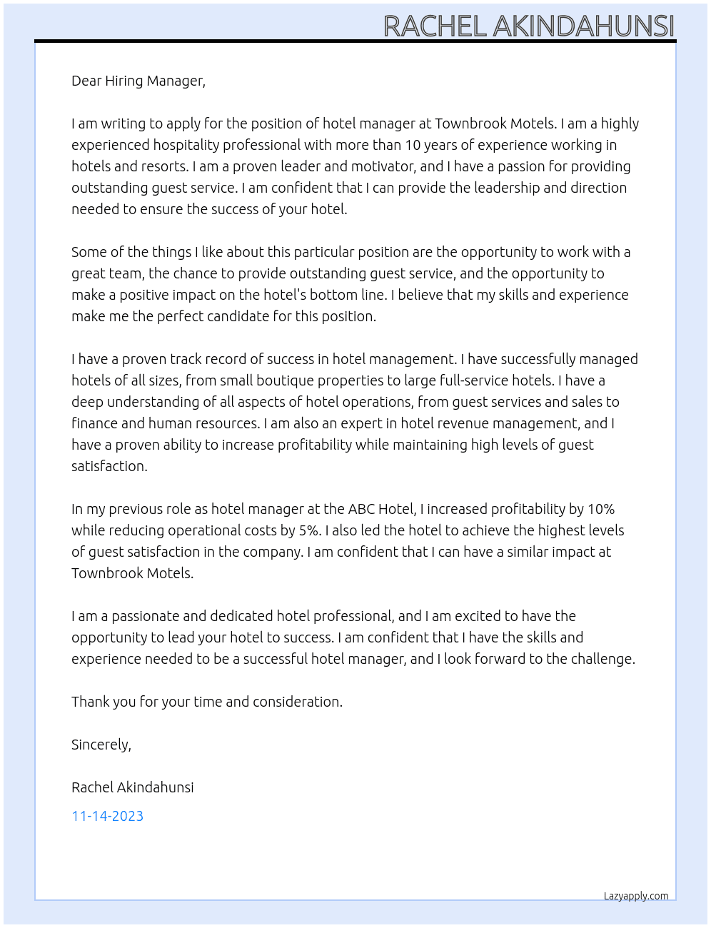 Hotel manager At Townbrook Motels Cover Letter