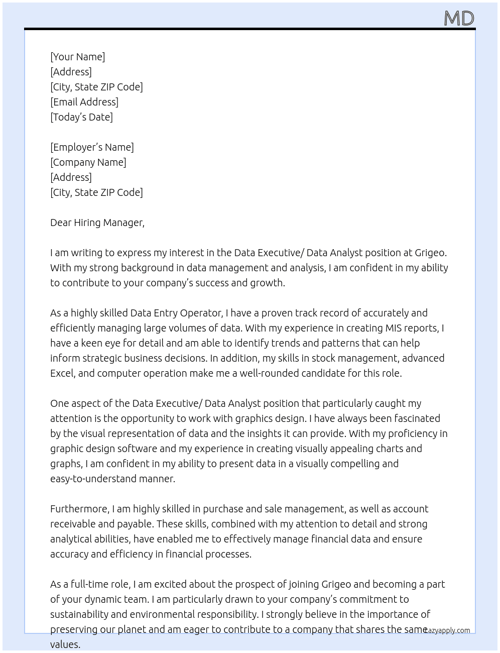 Data Executive/ Data Analyst  At Grigeo Cover Letter