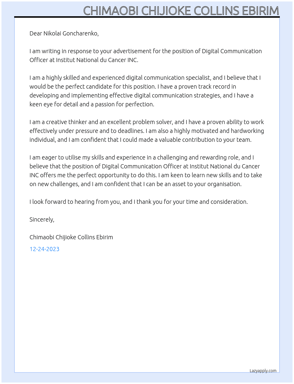 Digital Communication Officer At Institut National du Cancer INC Cover Letter