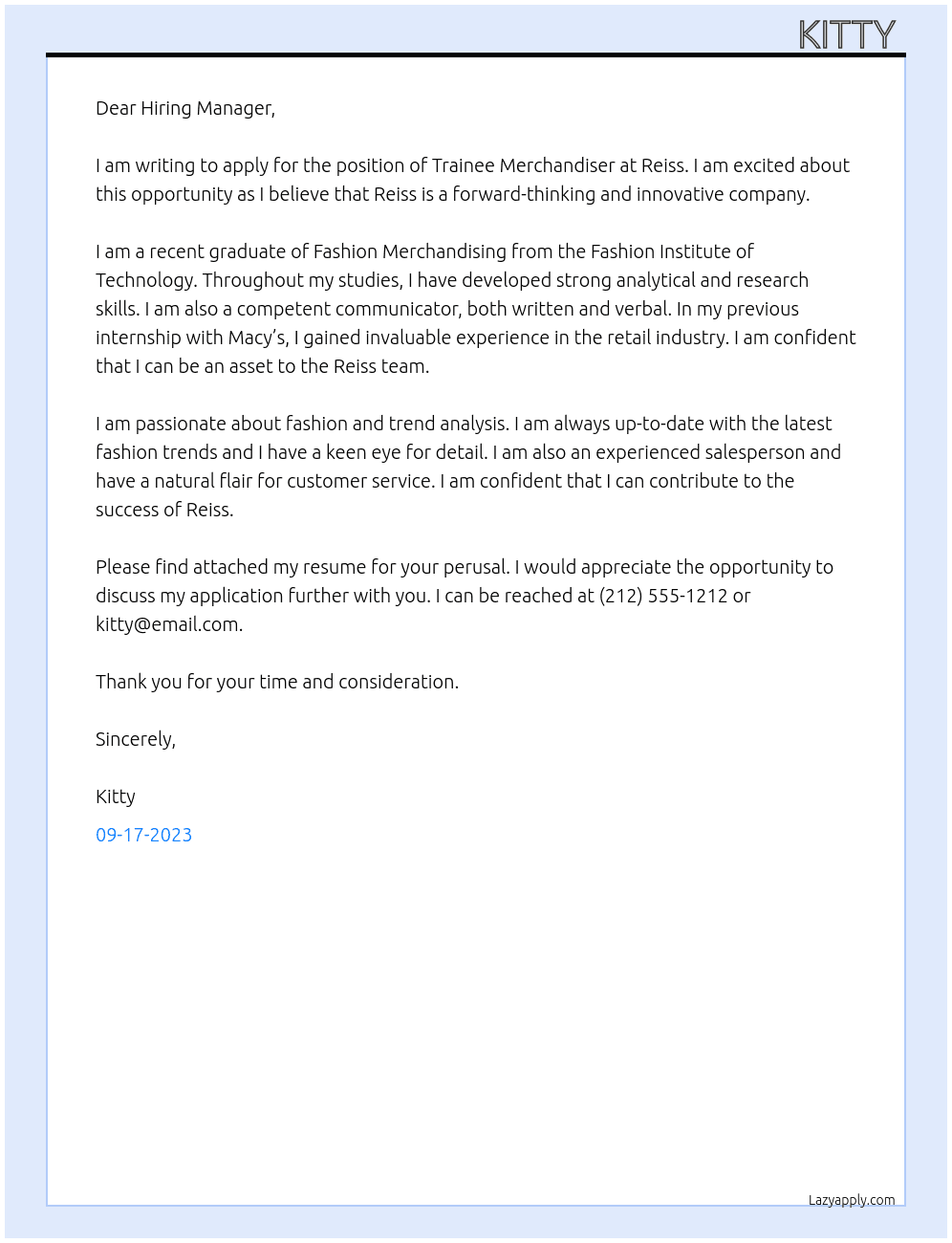 Trainee merchandiser At Reiss Cover Letter