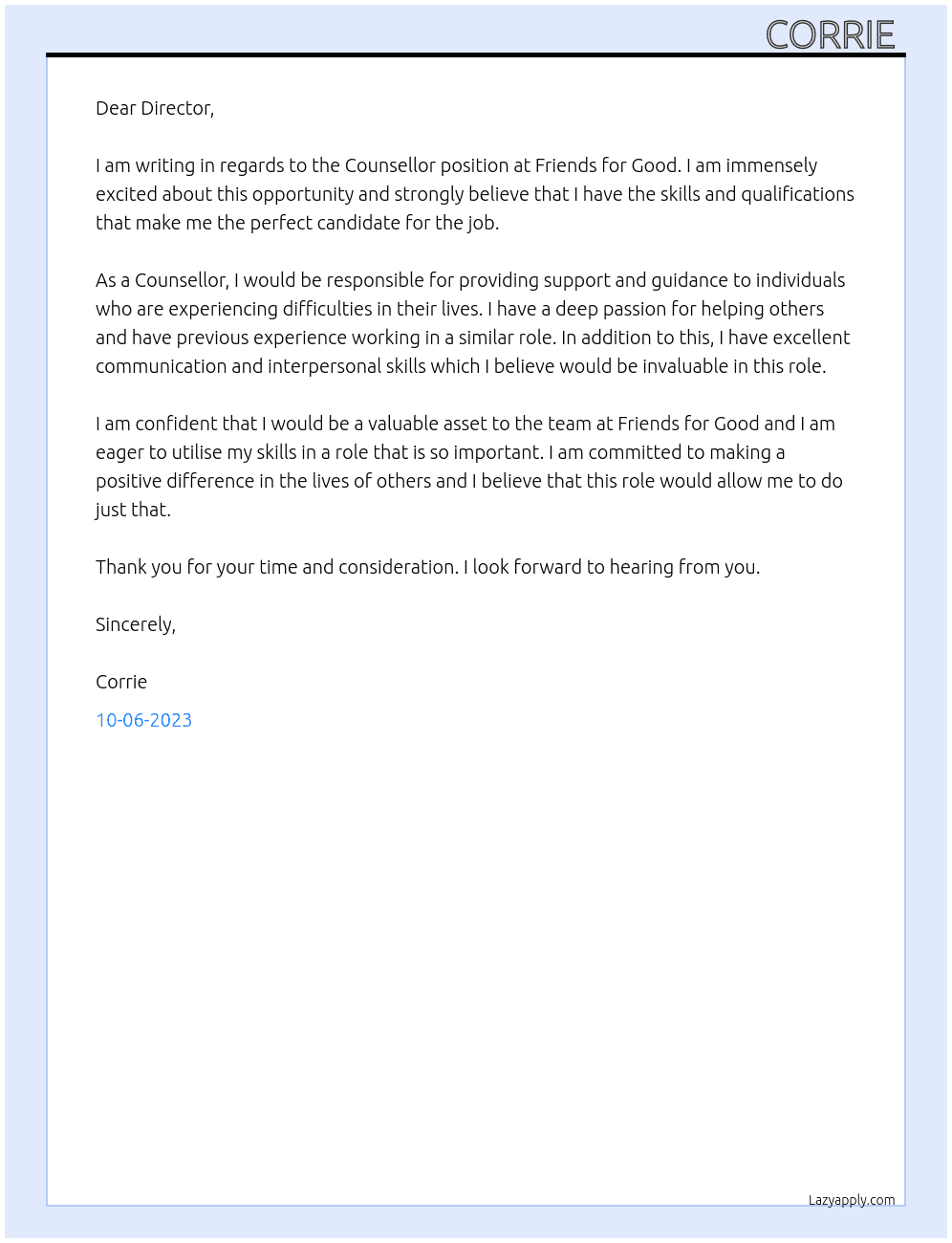 Counsellor At Friends for Good Cover Letter