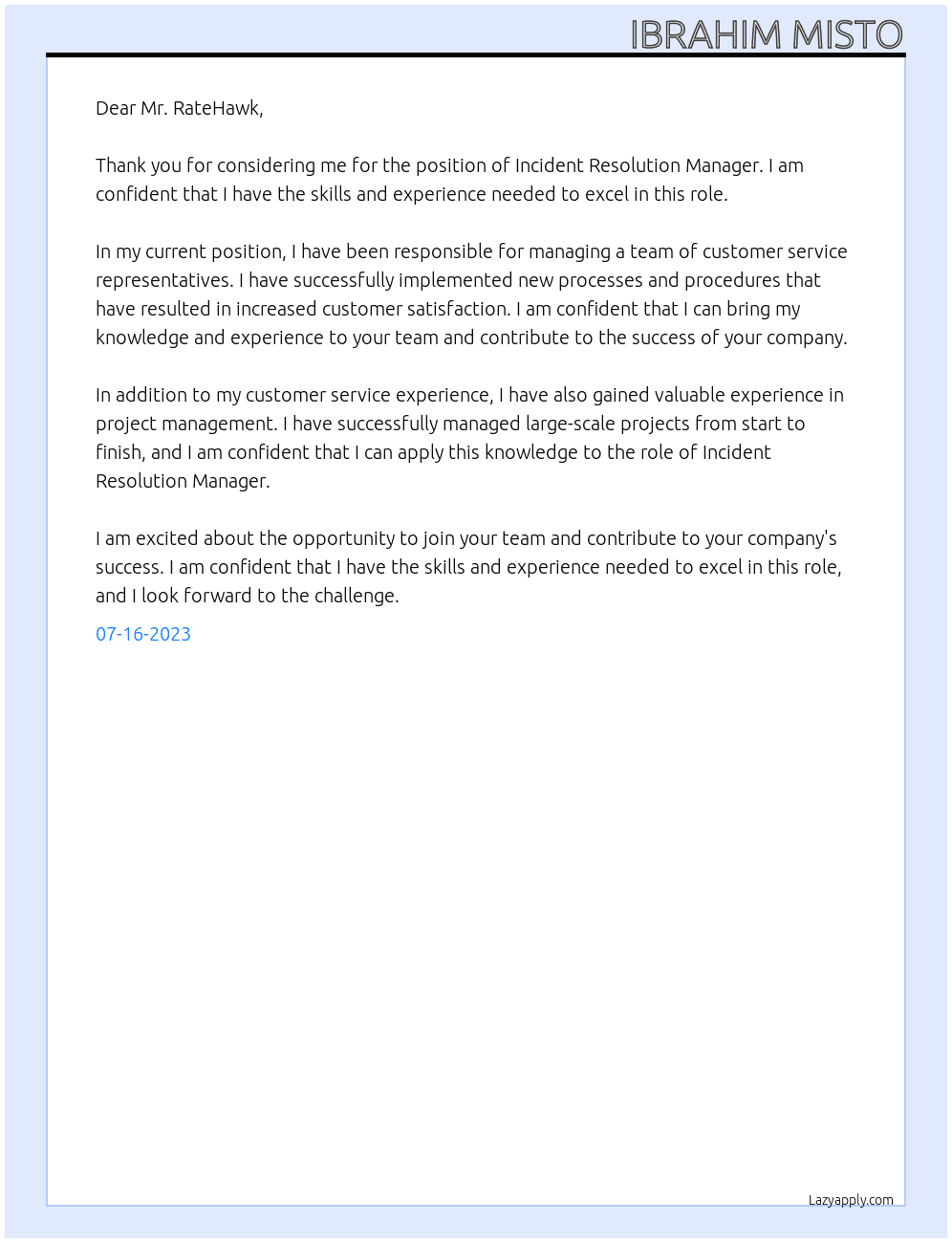 Incident Resolution Manager At RateHawk Cover Letter