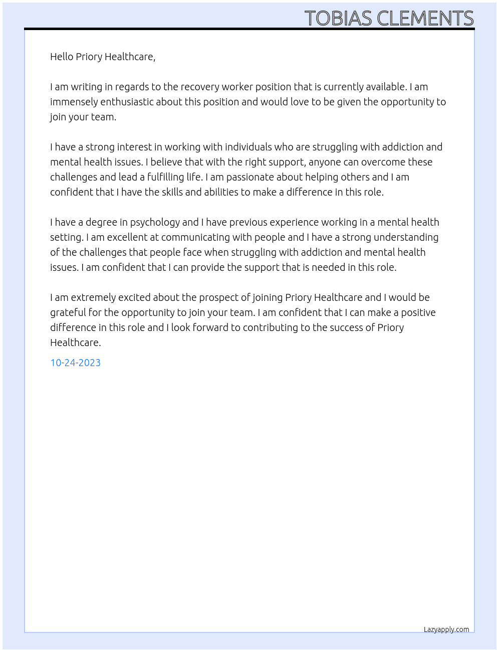 Recovery worker At Priory healthcare Cover Letter