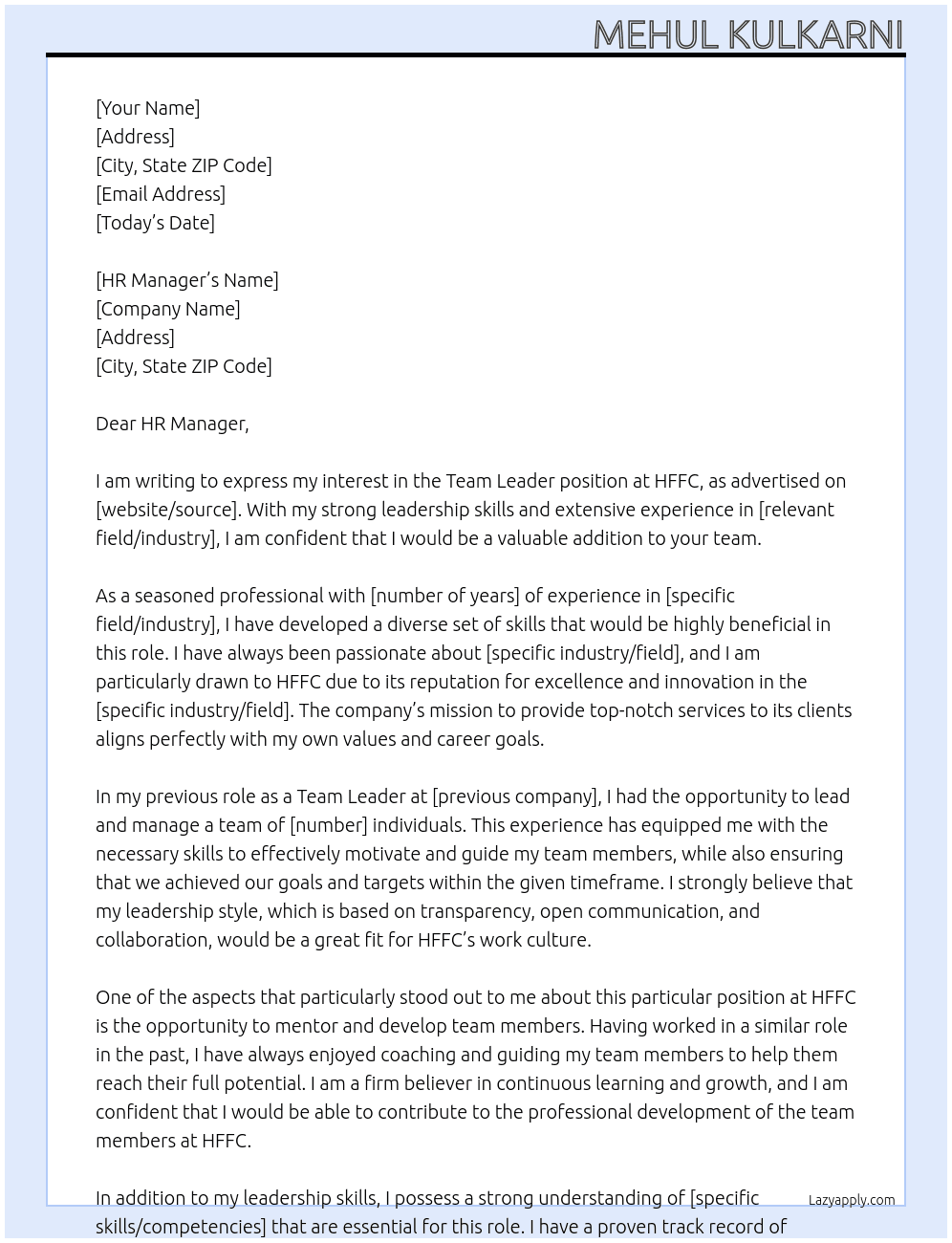 Team Leader  At HFFC Cover Letter