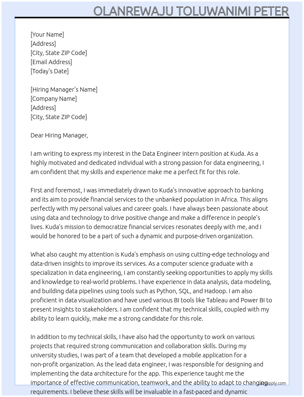 Data Engineer Intern  At Kuda Cover Letter