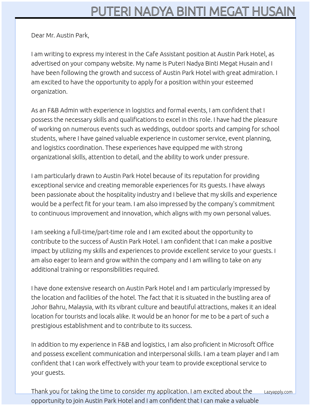 Cafe Asisstant At Austin Park Hotel  Cover Letter
