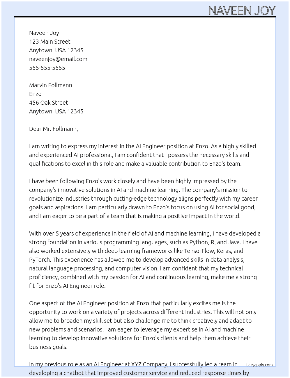 AI Engineer At Enzo Cover Letter