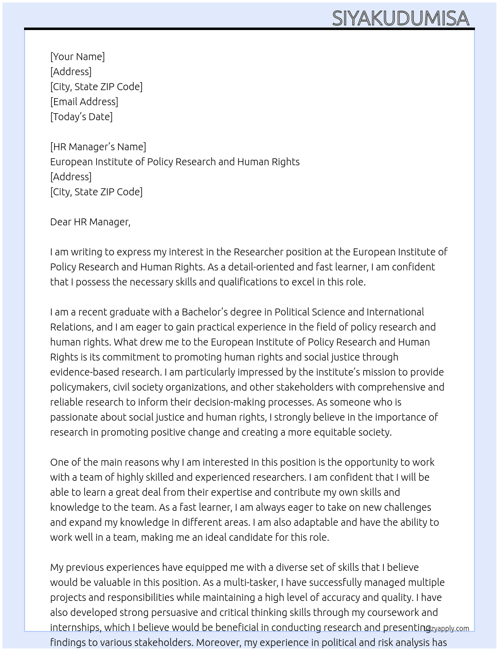 Researcher At European Institute of Policy Research and Human Rights Cover Letter