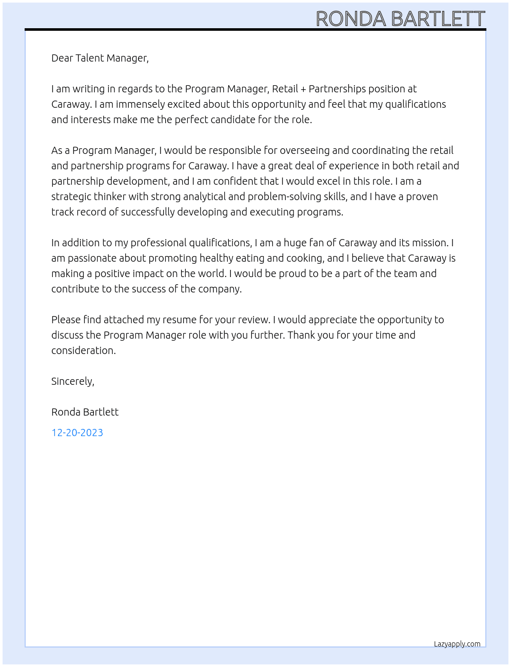 Program Manager, Retail + Partnerships At Caraway Cover Letter