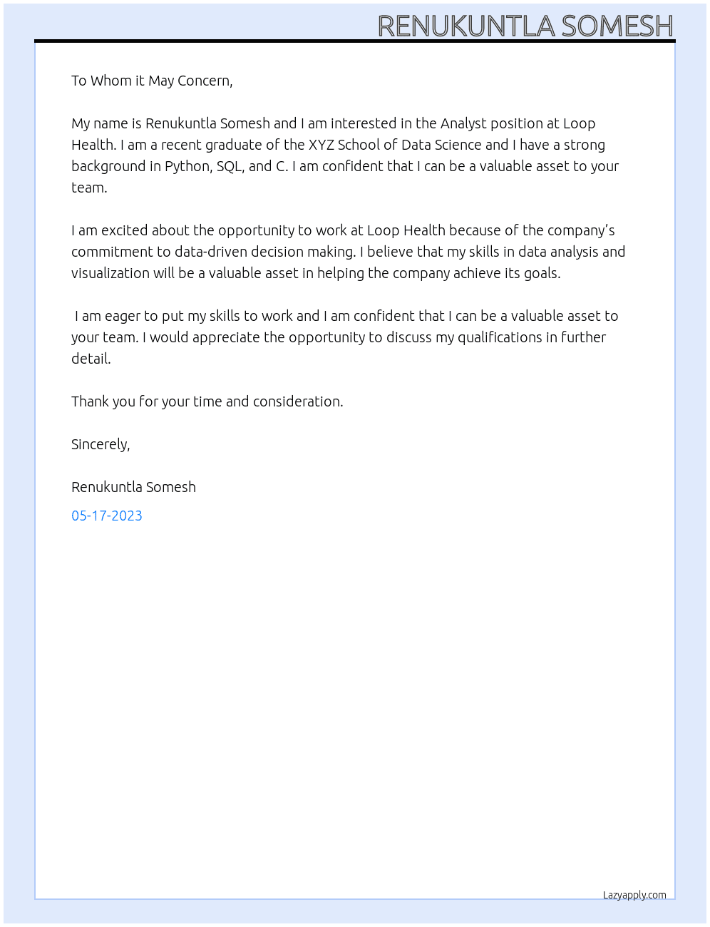 Analyst  At Loop health  Cover Letter