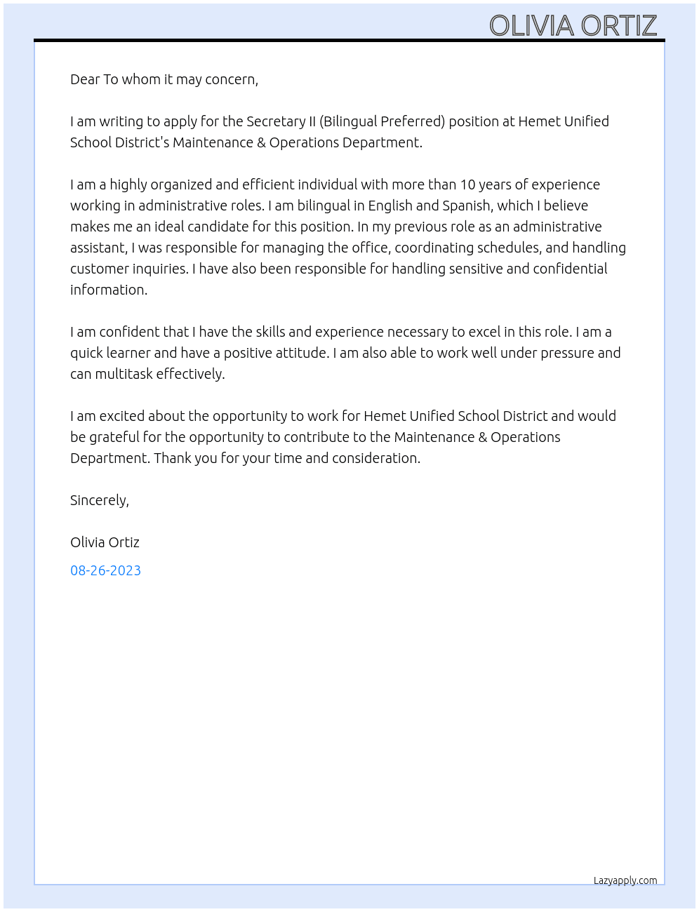 Secretary II (Bilingual Preferred) @ Maintenance & Operations Department. At Hemet unified school district  Cover Letter