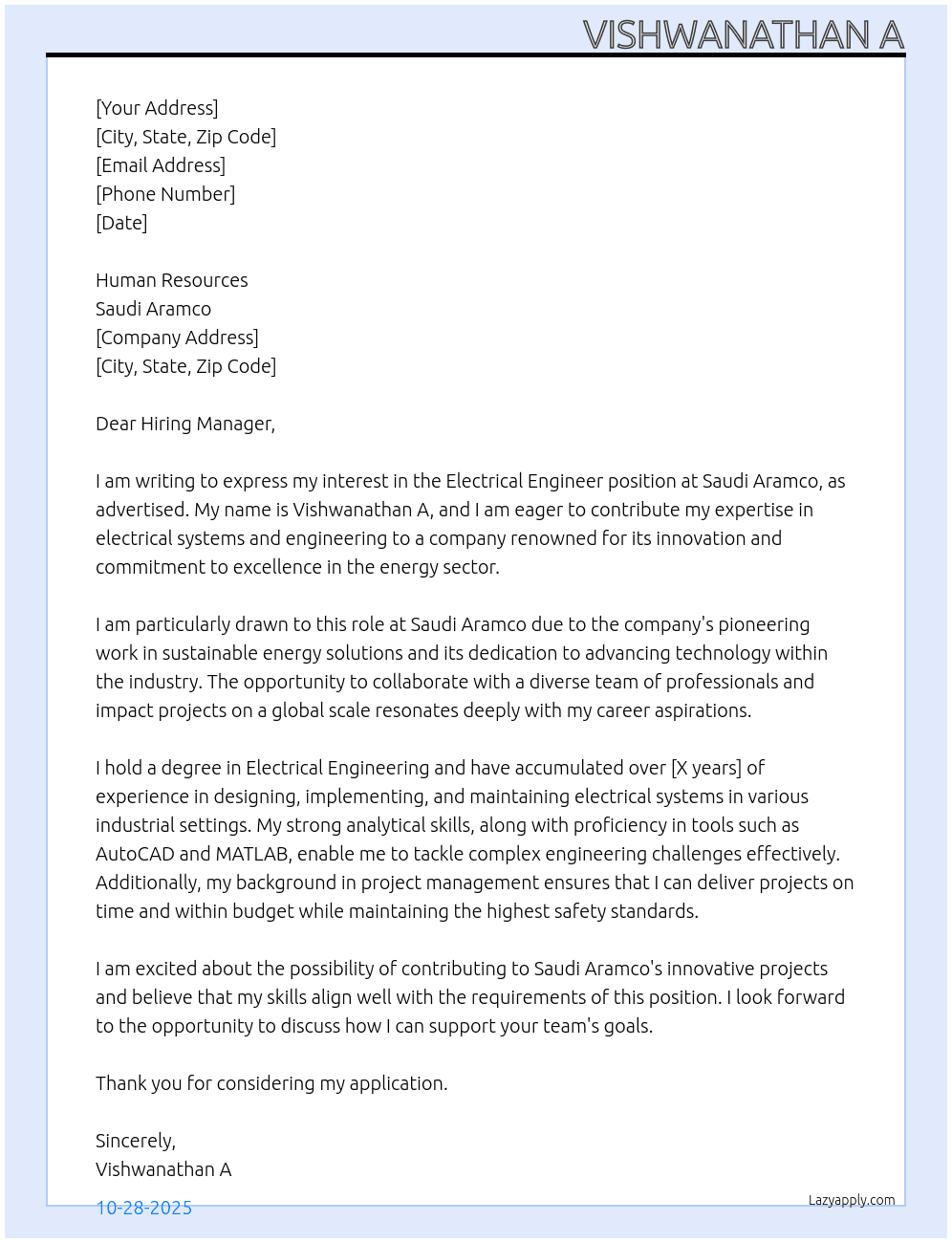 Electrical Engineer  At Saudi Aramco Cover Letter