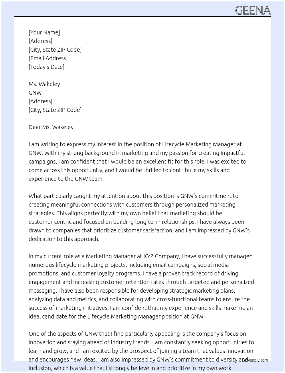 Lifecycle Marketing Manager At GNW Cover Letter