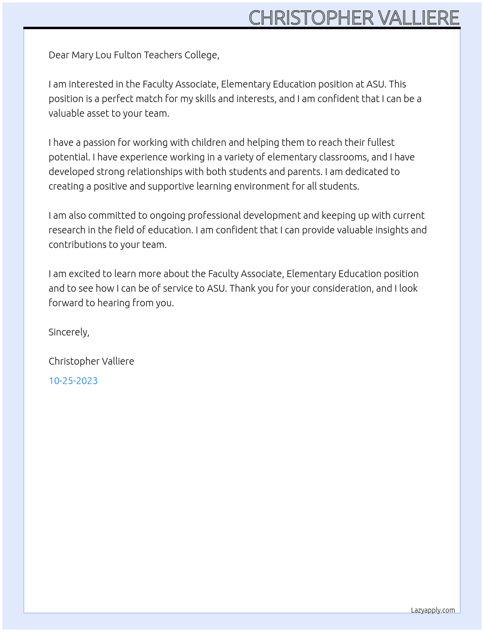 Faculty Associate, Elementary Education At ASU Cover Letter