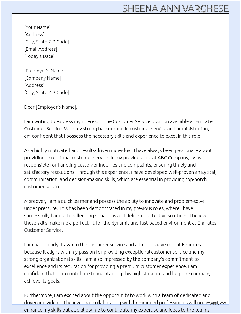 Customer service At emairtes customer service Cover Letter