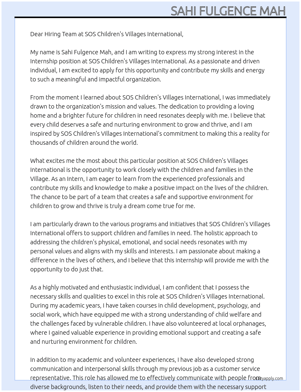 Internship at SOS Children's Villages International At SOS Children's Villages International Cover Letter