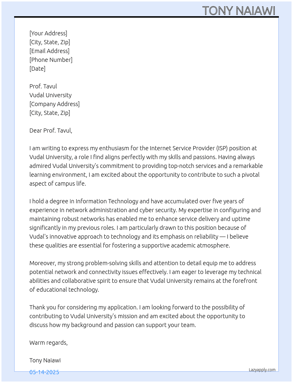 Internet Service Provider (ISP) At Vudal University  Cover Letter