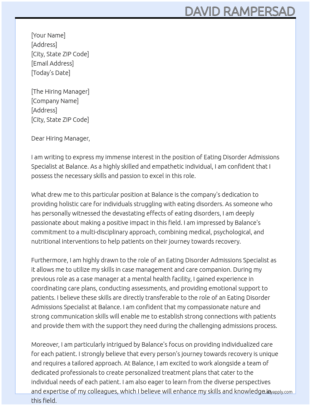 Eating Disorder Admissions Specialist At Balance Cover Letter