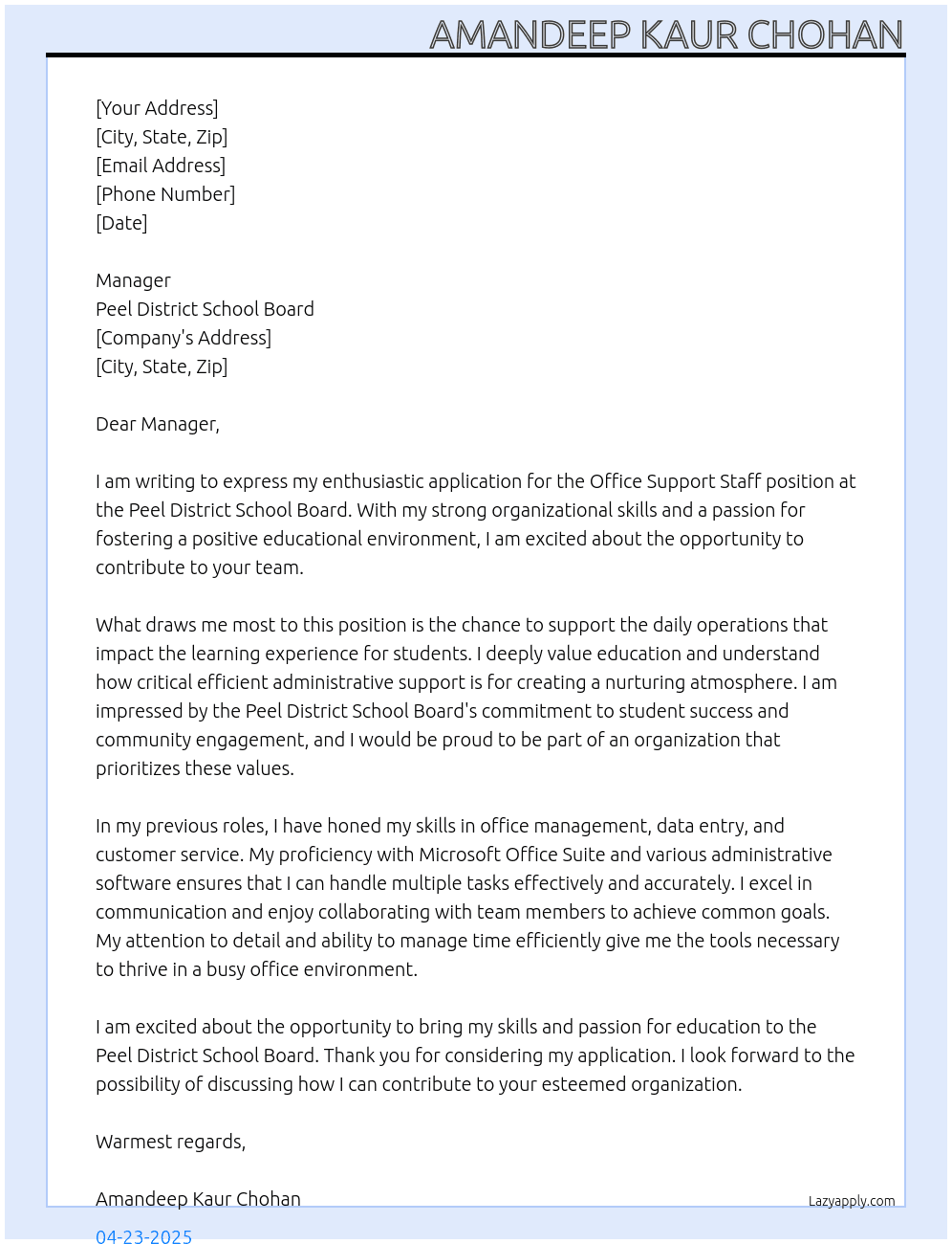 office support staff  At peel district school board  Cover Letter