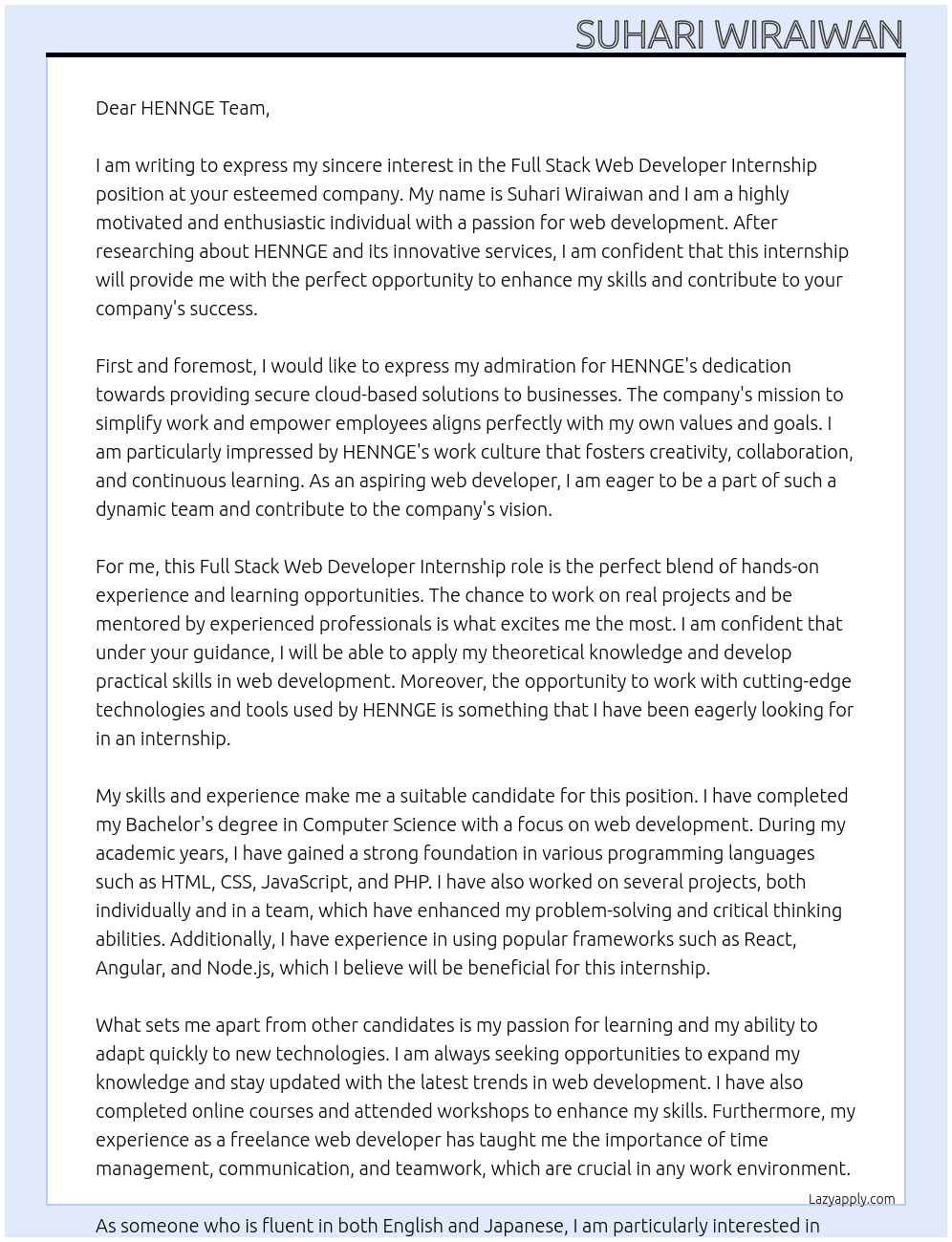 FULL STACK WEB DEVELOPER At HENNGE Cover Letter