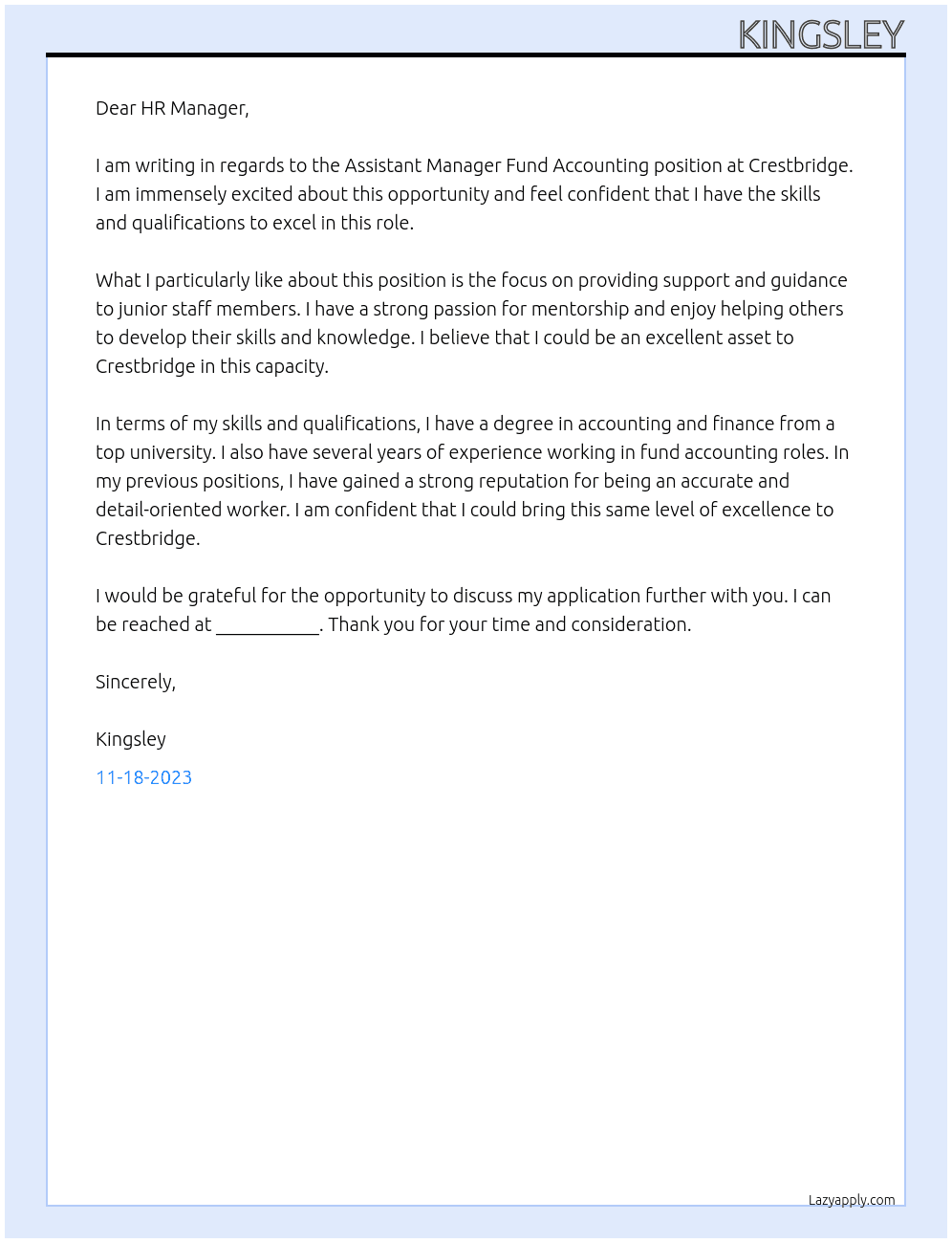 Assistant manager fund accounting At Crestbridge Cover Letter