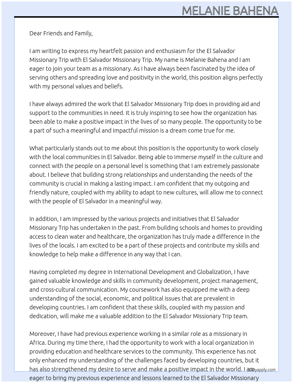 El Salvador Missionary Trip  At El Salvador Missionary Trip  Cover Letter