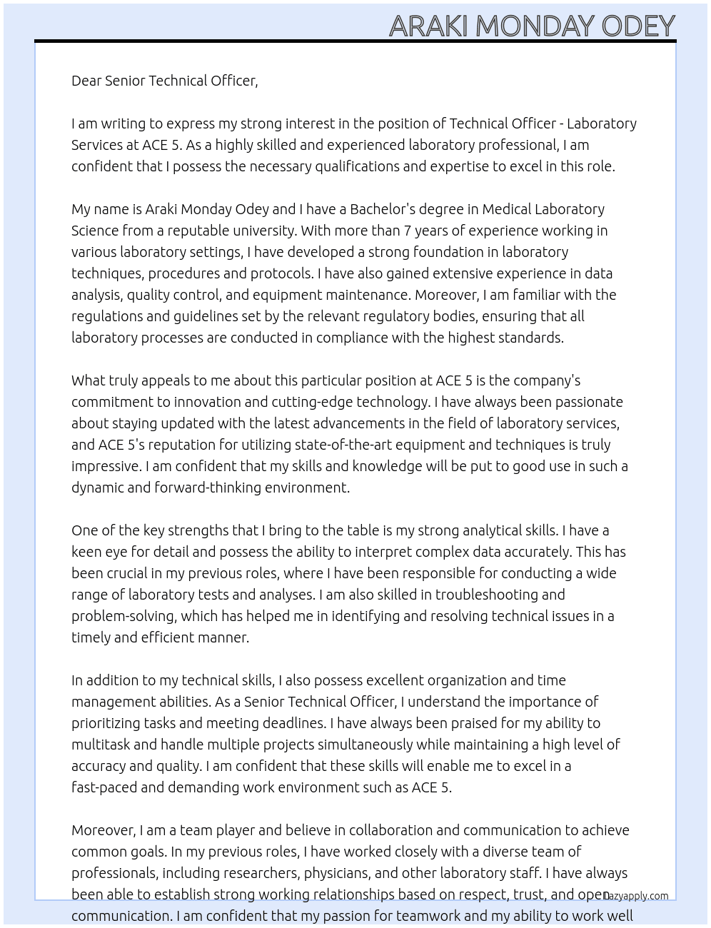 Technical officer - Laboratory services At ACE 5 Cover Letter
