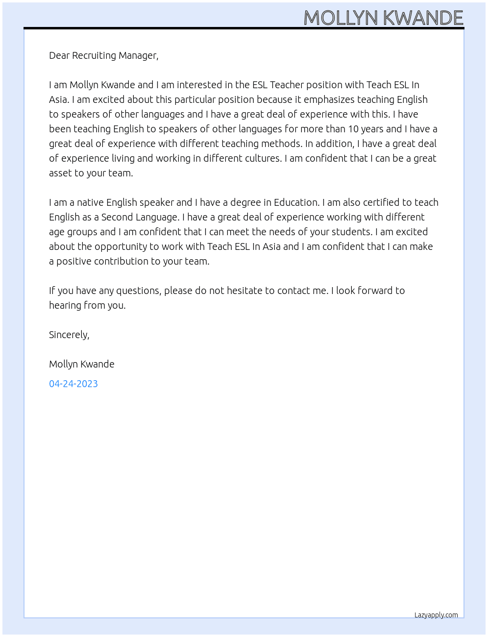 ESL Teacher At Teach ESL In Asia Cover Letter