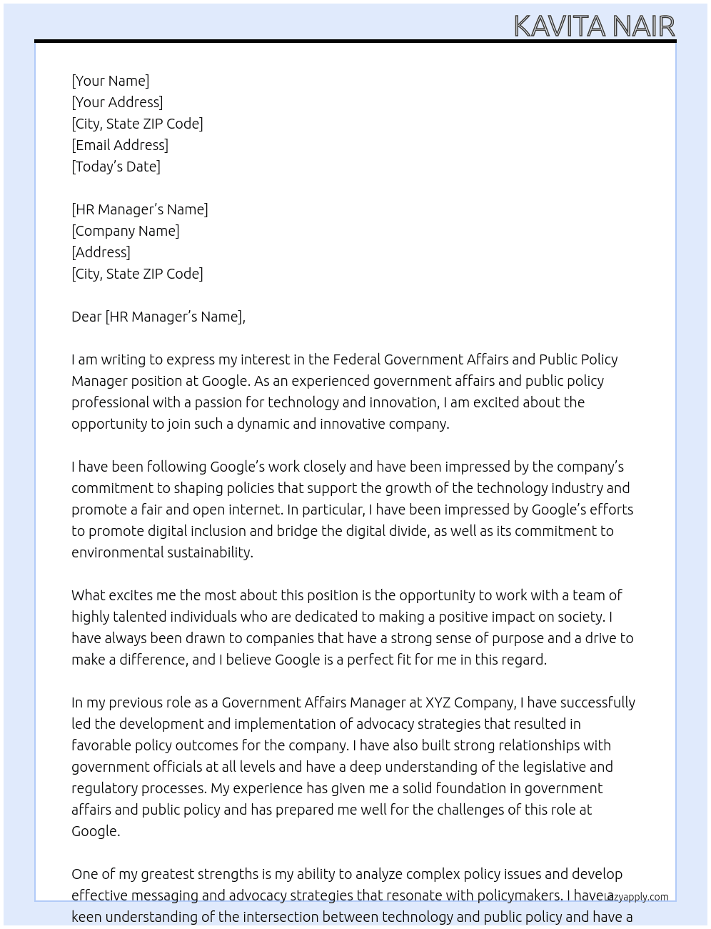 Cover letter for federal government affairs and public policy manager - LazyApply