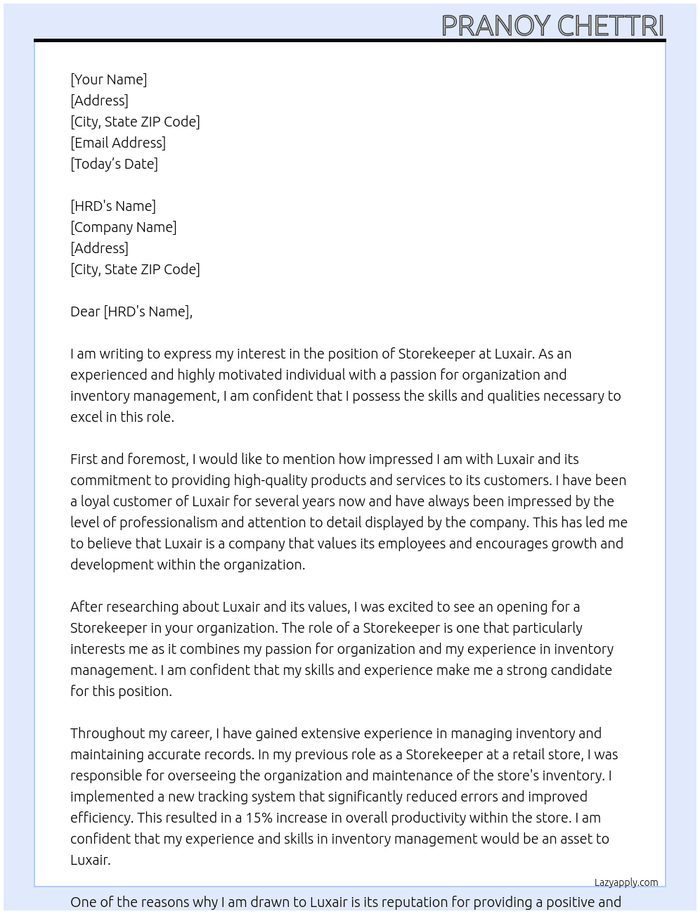 Storekeeper At Luxair Cover Letter